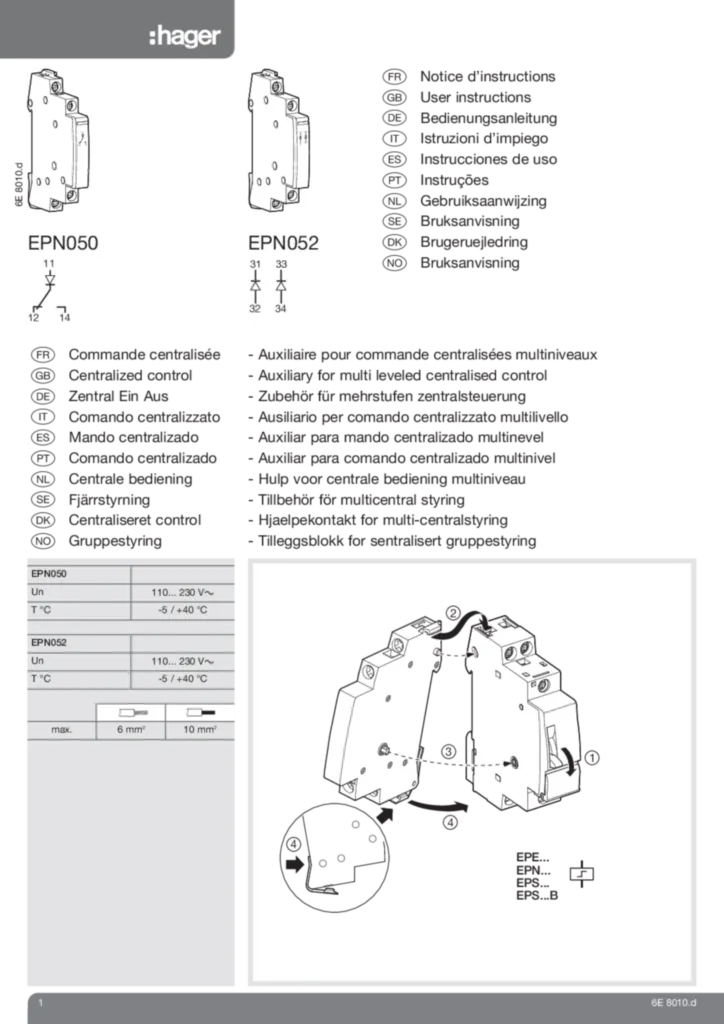 Bild Montageanleitung für EPN050 - Zubehör Fernschalter Zentralsteuerung (DE-PT-EN-IT-FR, Stand: 12.2012) | Hager Deutschland