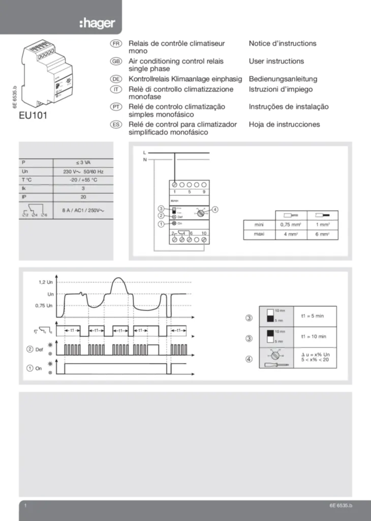 Bild Bedienungsanleitung für EU101 - Kontrollrelais, Spannung, 1 ph, Klimaanlage, var. (DE-EN-FR-IT-PT-ES, Stand: 08.2009) | Hager Deutschland