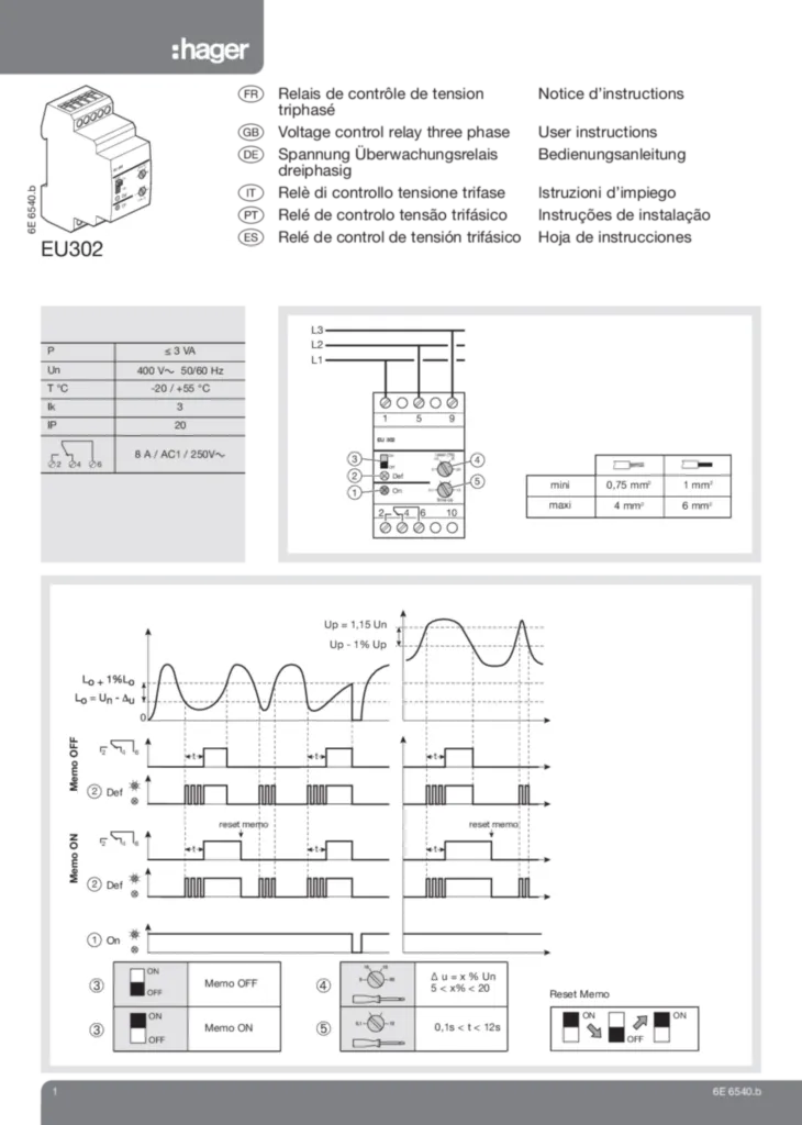 Bild Bedienungsanleitung für EU302 - Kontrollrelais, Spannung, 3 ph. (EN, Stand: 12.2009) | Hager Schweiz