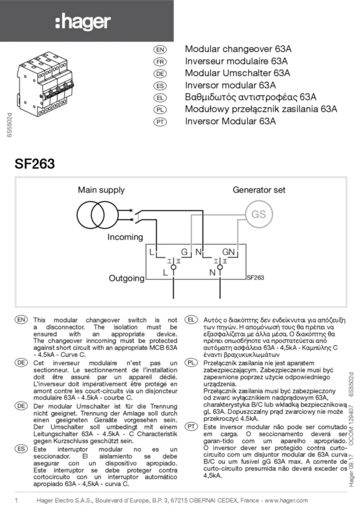 Image Notice inverseur modulaire 63A SF263 | Hager France
