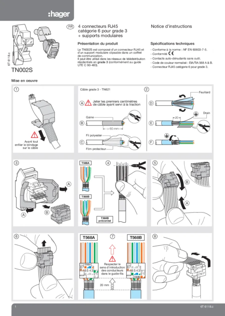 Image Connecteur RJ45 Catégorie 6 grade 3 + support modulaire | Hager France