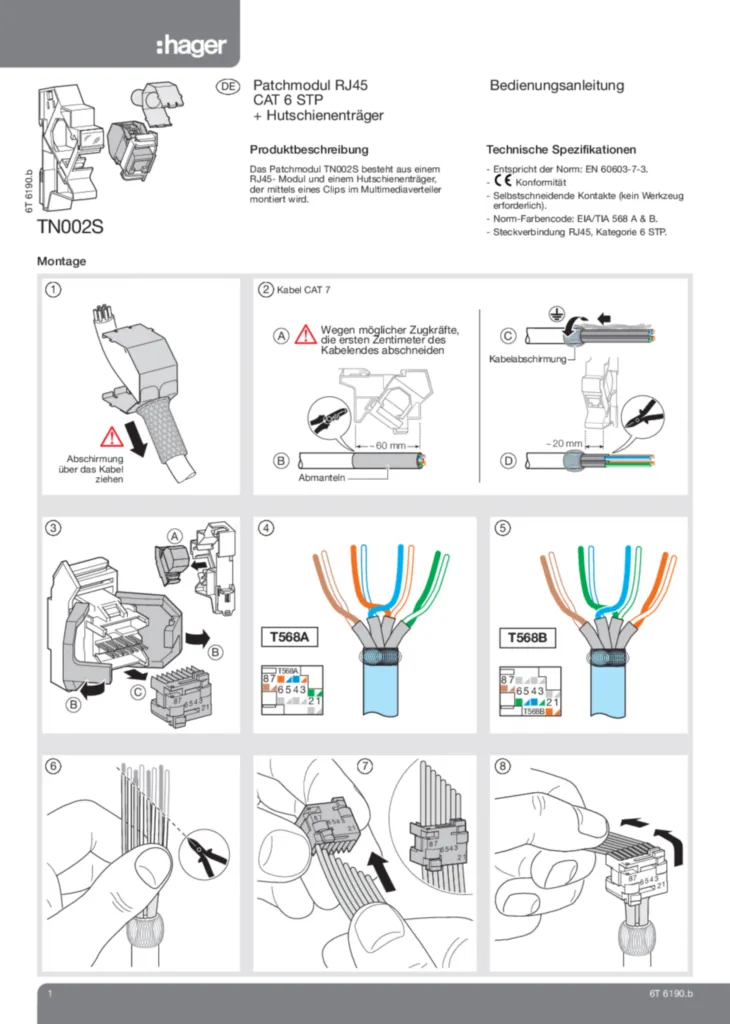 Bild Bedienungs- und Montageanleitung für TN002S - Patchmodul RJ45 KAT6 STP + Hutschienenträger (DE, Stand: 11.2009) | Hager Deutschland