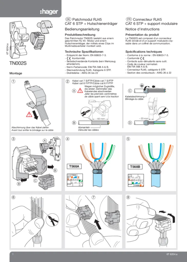 Bild Montageanleitung für TN002S - Patchmodul RJ45 CAT6 STP + Hutschienenträger (FR, Stand: 10.2009) | Hager Schweiz