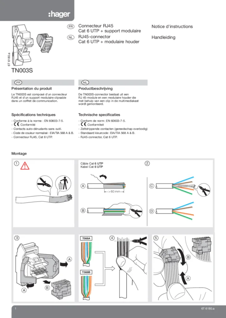 Image Connecteur RJ45 Cat 6 UTP + sup modulaire | Hager Belgique