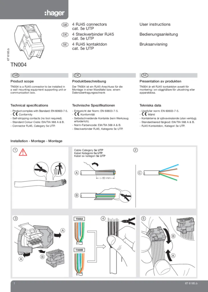 Image Connecteurs RJ45 cat. 5E UTP | Hager France