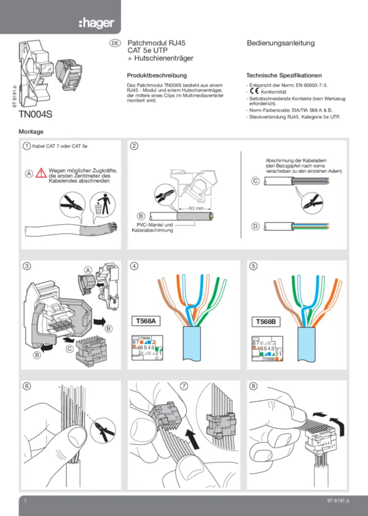Bild Bedienungs- und Montageanleitung für TN004S - Patchmodul RJ45 KAT5e UTP + Hutschienenträger (DE, Stand: 11.2009) | Hager Deutschland