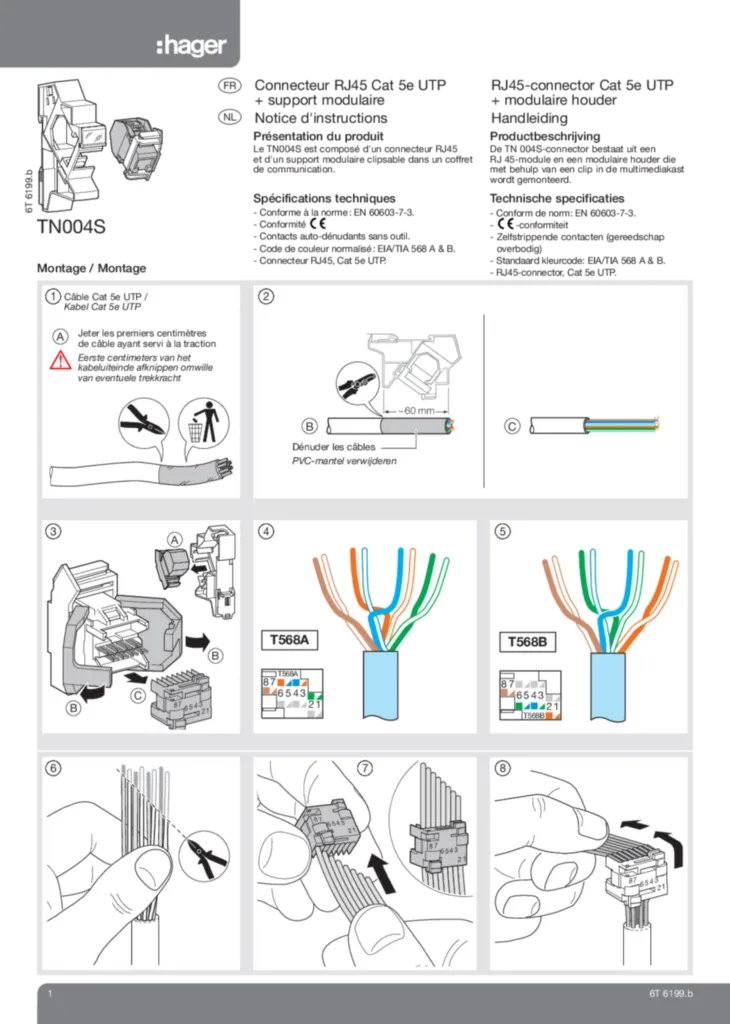 Image Connecteur RJ45 cat 5e UTP + support modulaire TN004S | Hager Belgique