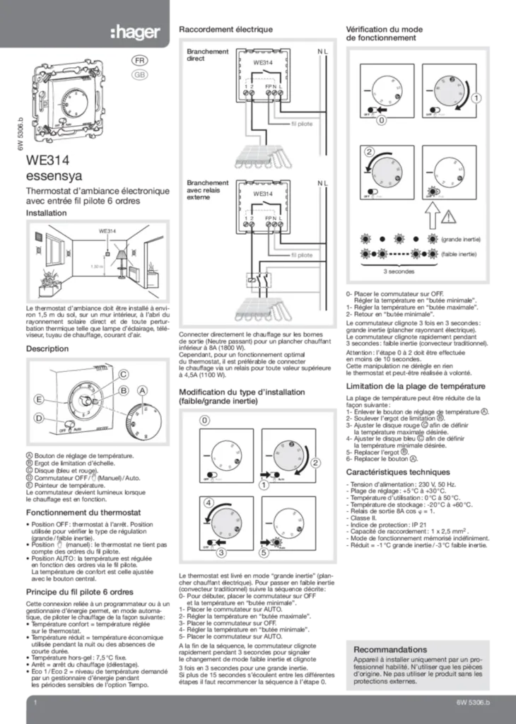 Image Thermostat electronique fil pilote 6 ordres essensya | Hager France