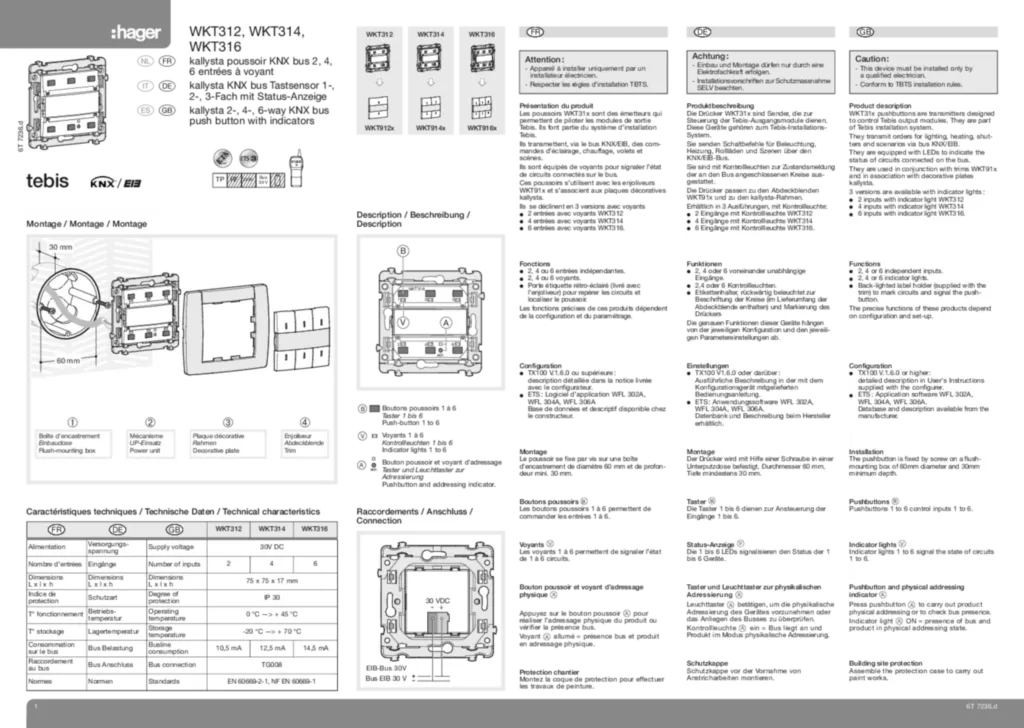 Image Notice catalogue Kallysta poussoir bus KNX 2, 4, 6 entrées à voyant WKT312, 3 | Hager France