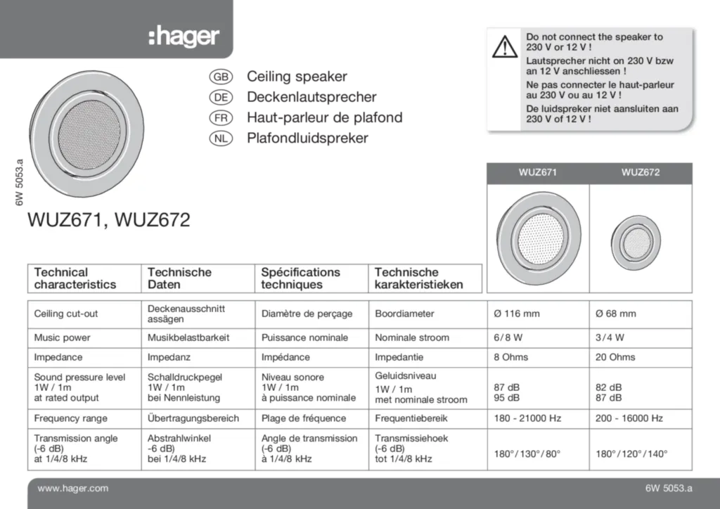 Bild Bedienungs- und Montageanleitung für WUZ671 - Deckeneinbau-Lautsprecher (DE-FR-NL, Stand: 09.2012) | Hager Deutschland