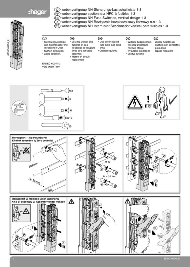 Bild Montageanleitung für LVDR1260CE, LVSG1CPSUX, LVSR1VPVK4, LVTG1000CP, LVTR1000CE - NH-Sicherungs-Lastschaltleisten/Lasttrennleiste LV (DE, Stand: 09.2016) | Hager Deutschland