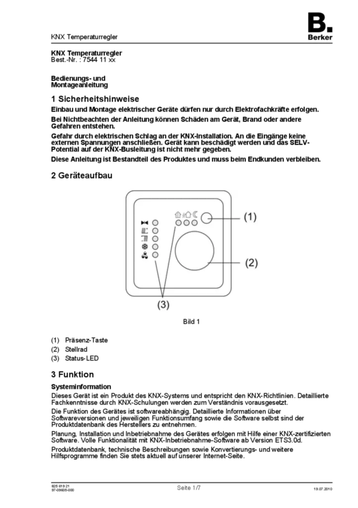 Bild Bedienungs- und Montageanleitung für 754411xx - KNX Temperaturregler (DE, Stand: 07.2010) | Hager Deutschland