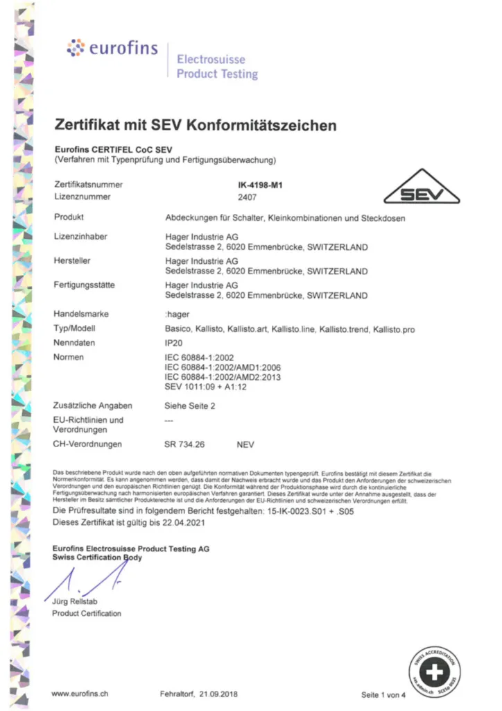 Image Certificat SEV aux caches pour interrupteur, petites combinaisons et prises de courant CH (DE, Non. 2407, 2018-09) | Hager Suisse