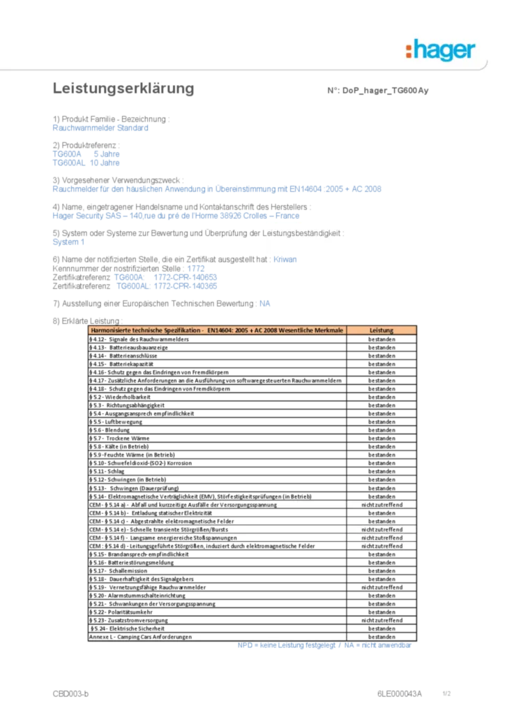 Bild Leistungserklärung für TG600A, TG600AL - Rauchwarnmelder Standard (02-2015) | Hager Deutschland