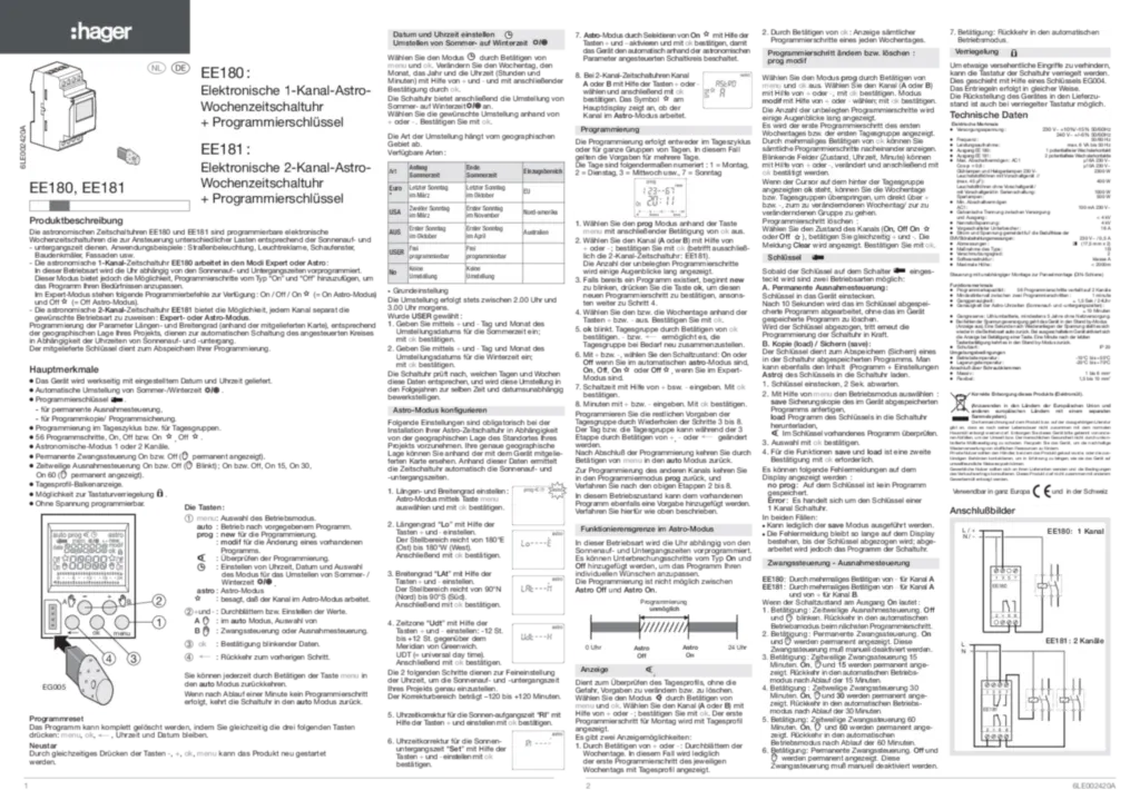 Bild Bedienungsanleitung für EE180 - Astro Schaltuhr 1 Kanal (DE-NL, Stand: 09.2016) | Hager Deutschland