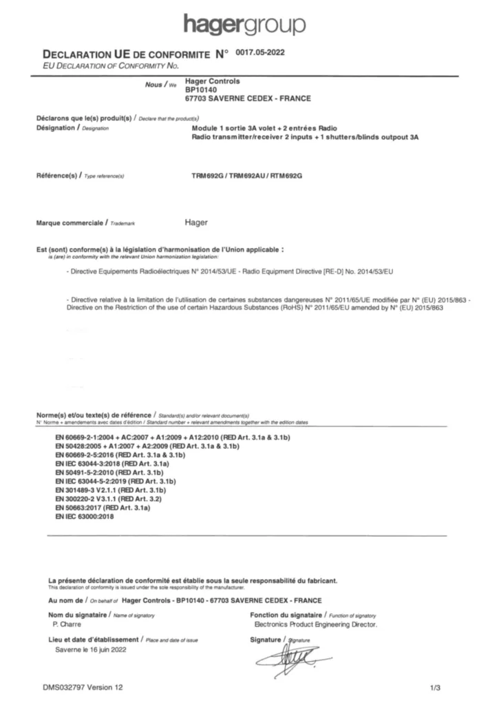 Immagine Dichiarazione di conformità International 2024-01-18 | Hager Italia