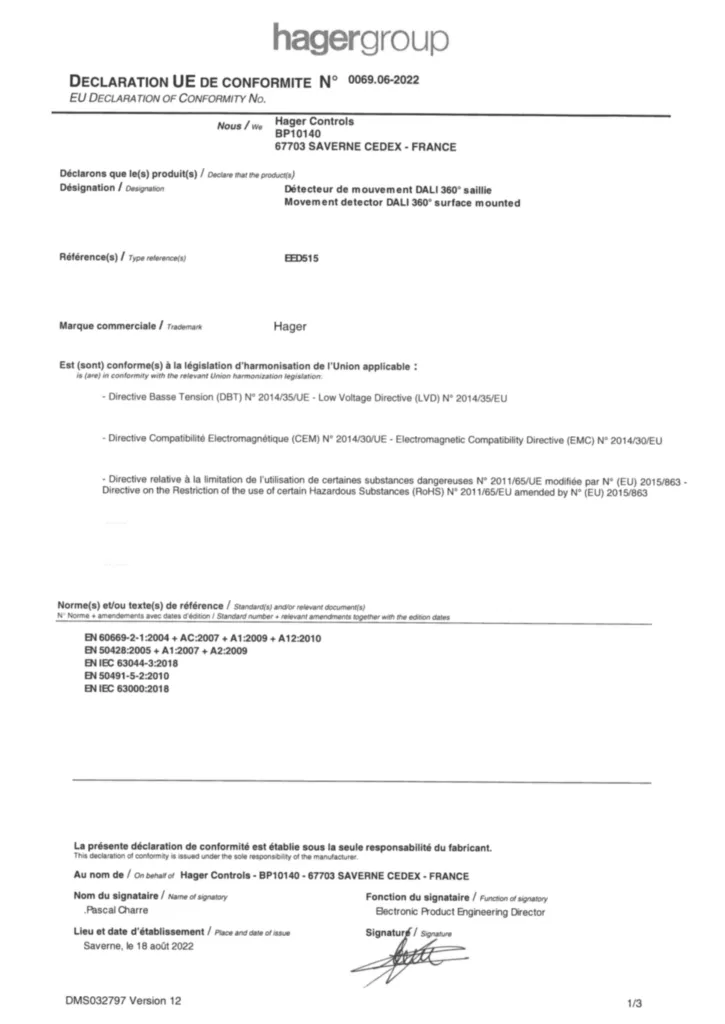 Image Déclaration de conformité International 2024-01-18 | Hager Belgique