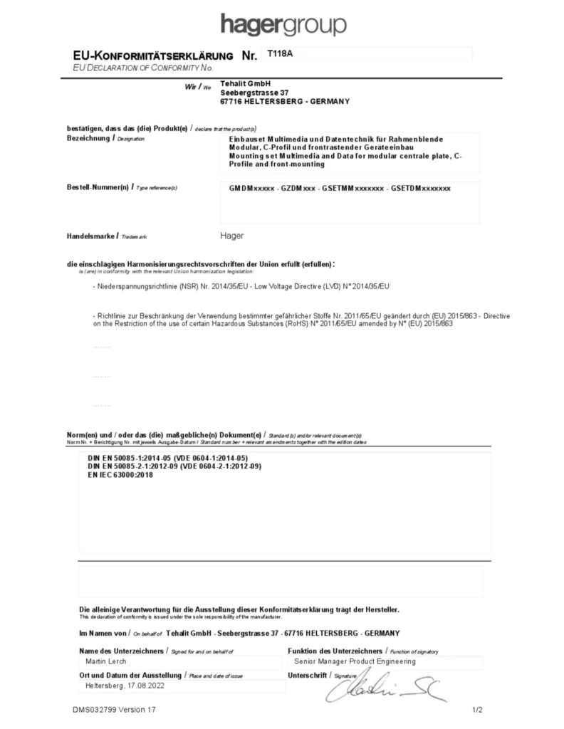 Bild CE Konformitätserklärung für Einbauset Multimedia und Datentechnik  GMDMx GZDMx GSETMMx GSETDMx (DE-EN, Stand 08.2022) | Hager Deutschland