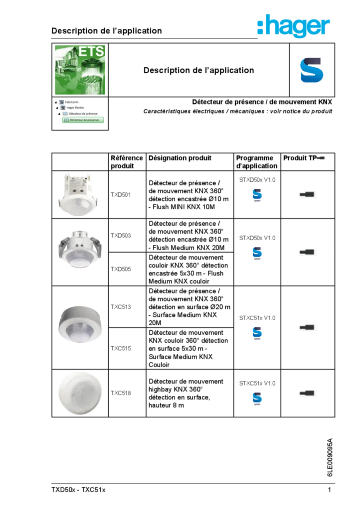 Image Description de l'application ETS pour Détecteur de présence / de mouvement KNX TXD50x-TXC51x_6LE009095A (FR, 2022-09) | Hager France