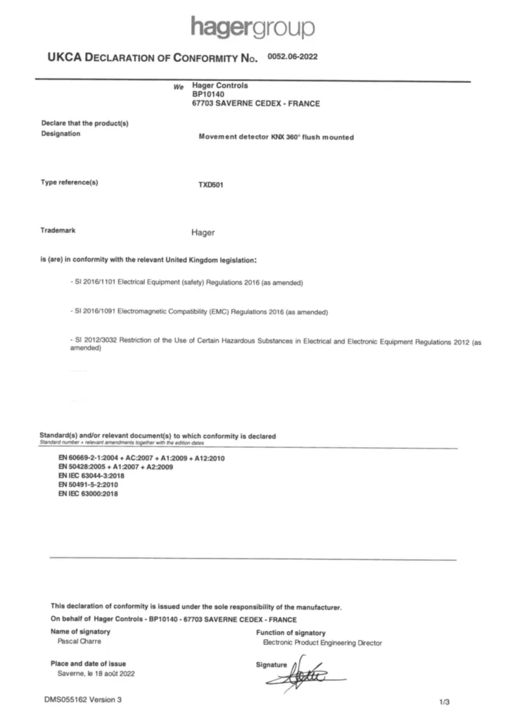 Afbeelding Conformiteitsverklaring International 2024-01-18 | Hager Nederland