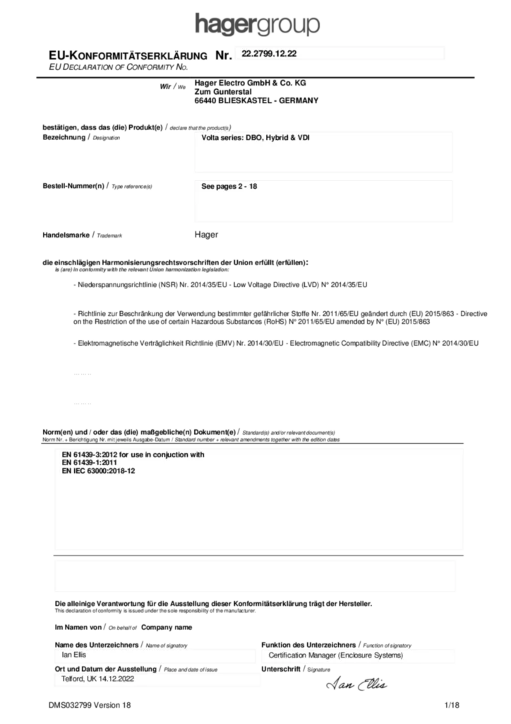 Zdjęcie Declaration of conformity for Volta series : DBO, Hybrid & VDI | Hager Polska