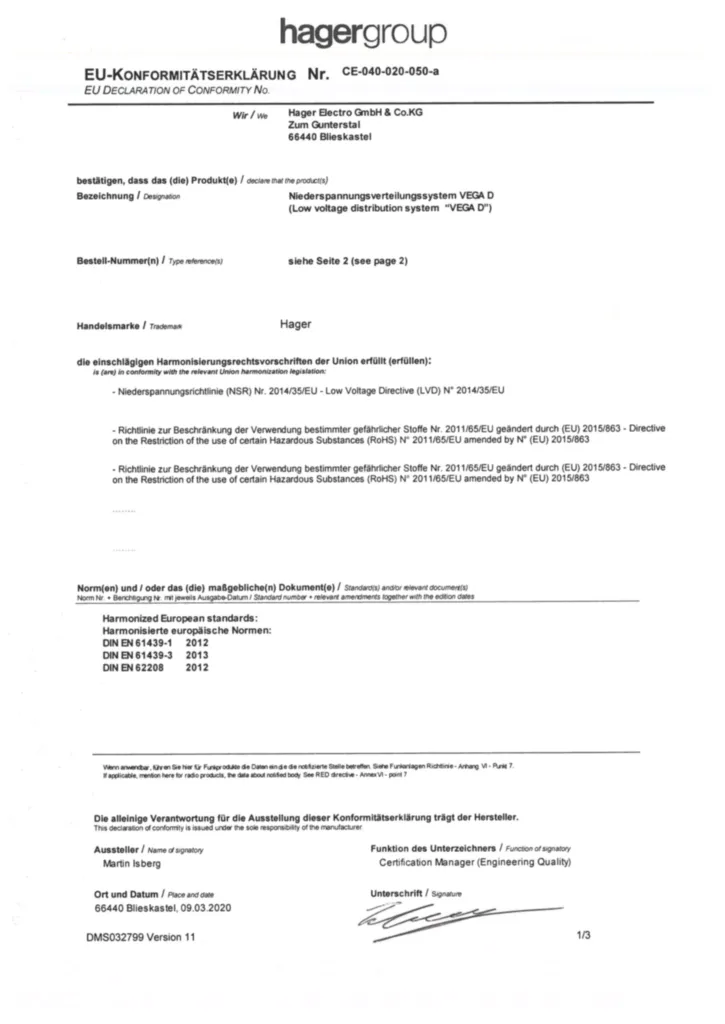 Imagen Declaration of conformity for low voltage distribution system VEGA D | Hager España