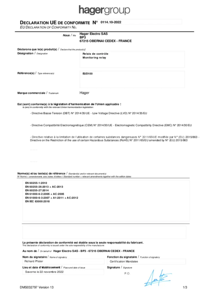 Image Déclaration de conformité International 2022-11-22 | Hager France