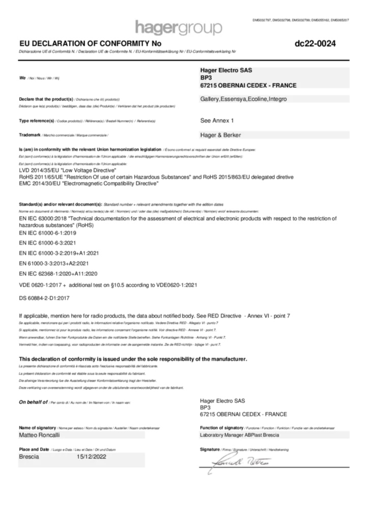 Imagem Declaração de conformidade International 2022-12-16 | Hager Portugal