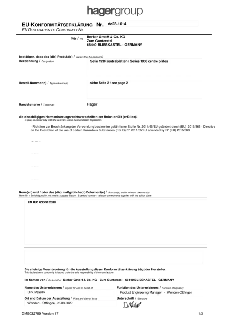 Image Déclaration de conformité International 2023-03-30 | Hager France