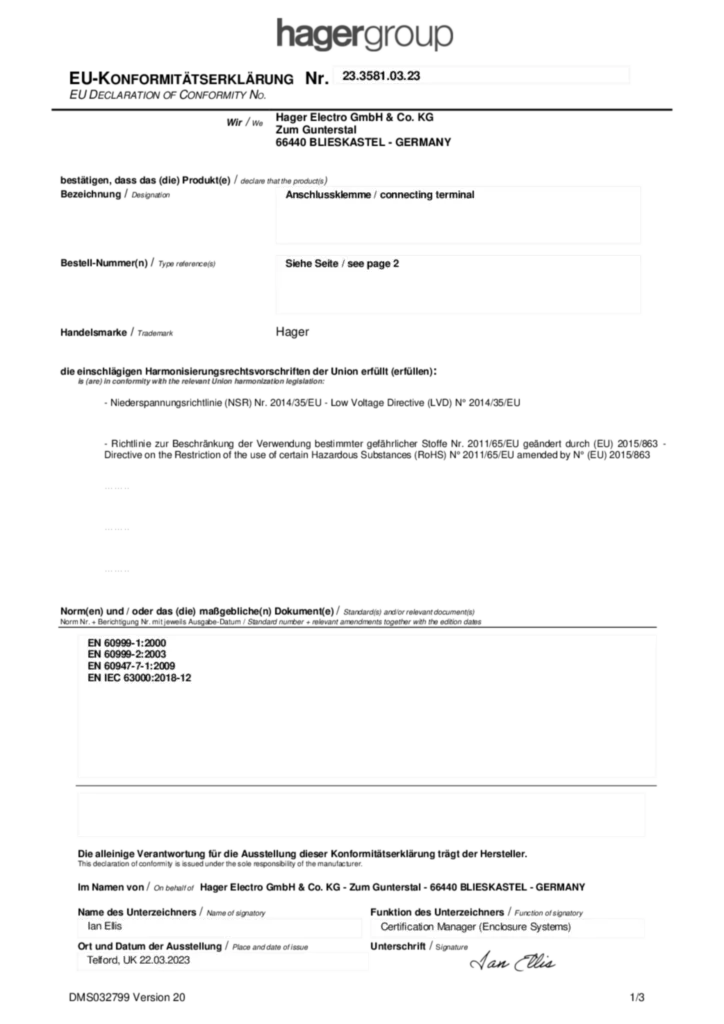 Zdjęcie Declaration of conformity for Connecting terminal | Hager Polska