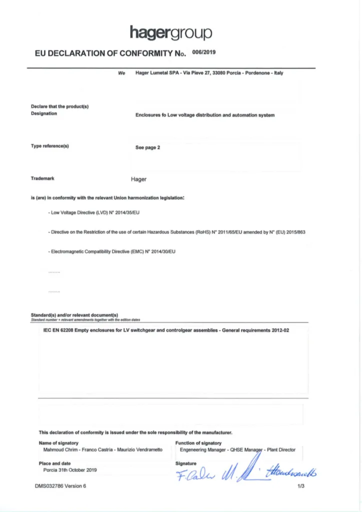 Imagen Declaration of conformity for Enclosures for low voltage distribution and automation system | Hager España