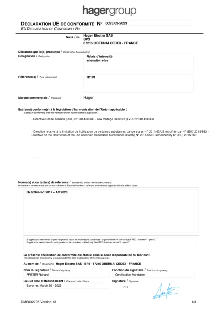 Afbeelding Conformiteitsverklaring International 2023-03-30 | Hager Belgium