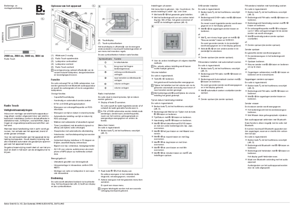 Afbeelding Manual for 2980xx-2984xx-3080xx-3084xx - Radio Touch DAB (NL, 2022-11) | Hager Nederland