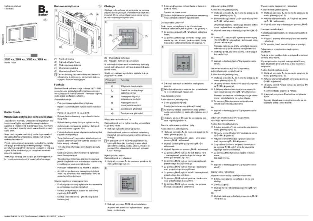 Zdjęcie Manual for 2980xx-2984xx-3080xx-3084xx - Radio Touch DAB (PL, 2022-11) | Hager Polska