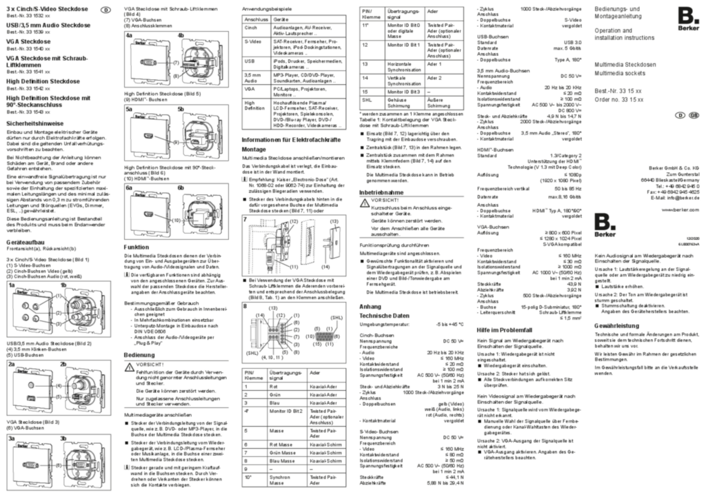 Bild Bedienungs- und Montageanleitung für 33153xx-33154xx - Multimedia Steckdosen (DE-EN, 2020-12) | Hager Deutschland