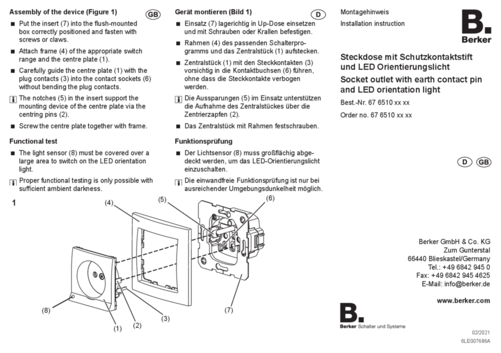 Image Manual for 676510xx - Socket outlet with earthing pin and LED orientation light (DE-EN, 2021-02) | Hager Belgique