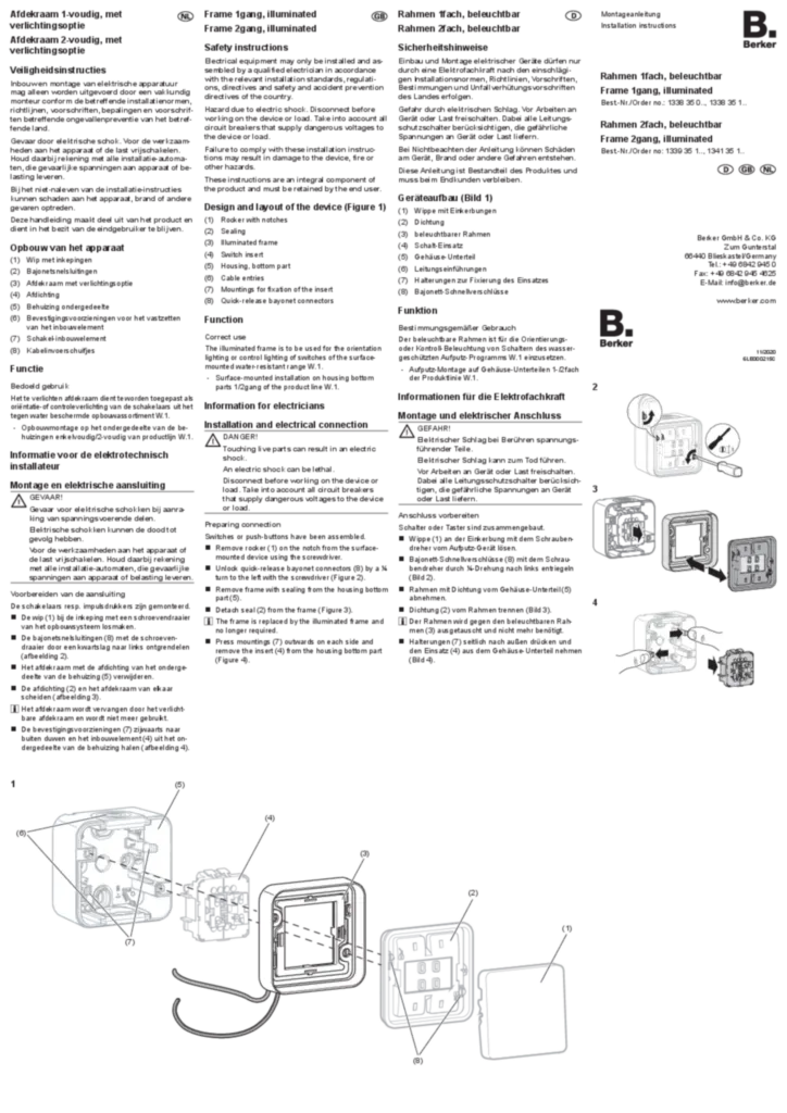 Afbeelding Manual for 1338350xx, 1338351xx, 1339351xx and 1341351xx - Frame 1/2gang, illuminated for housing surface-mounted (DE-EN-NL, 2020-11) | Hager Nederland