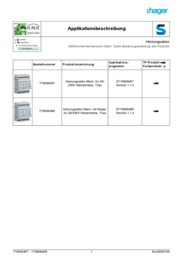 Immagine Application description ETS for Heating actuator KNX Secure TYMS646T TYMS646R 6LE089579A (DE, 2023-04) | Hager Italia