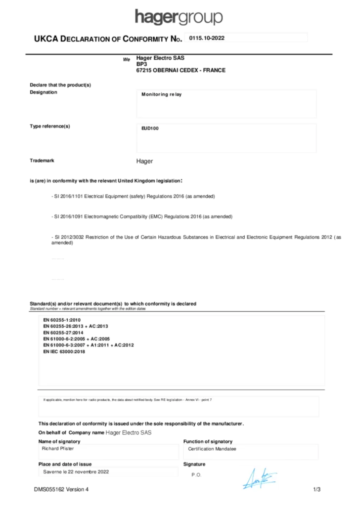 Image Déclaration de conformité International 2022-11-22 | Hager France