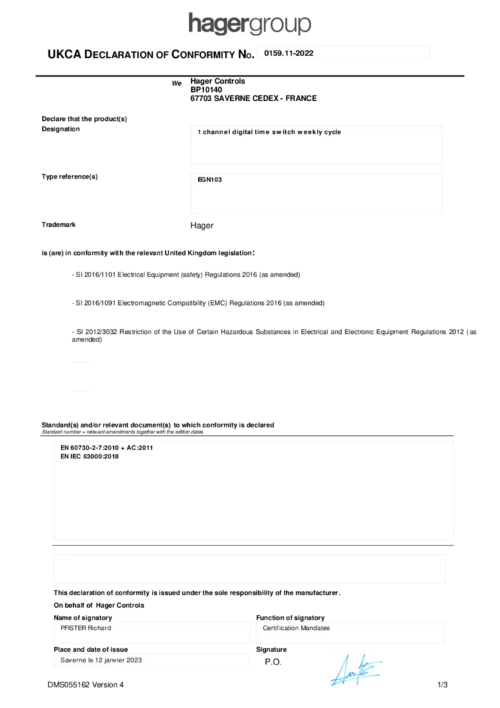 Afbeelding Conformiteitsverklaring International 2023-01-12 | Hager Belgium