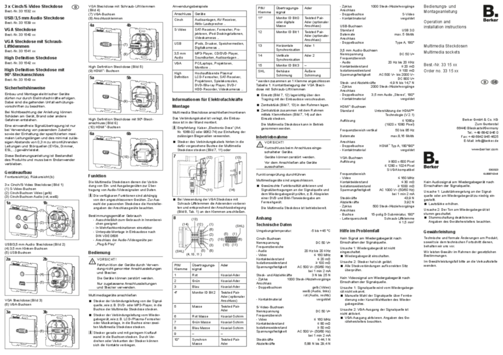 Bild Bedienungs- und Montageanleitung für 33153xx-33154xx - Multimedia Steckdosen (DE-EN, 2023-03) | Hager Deutschland