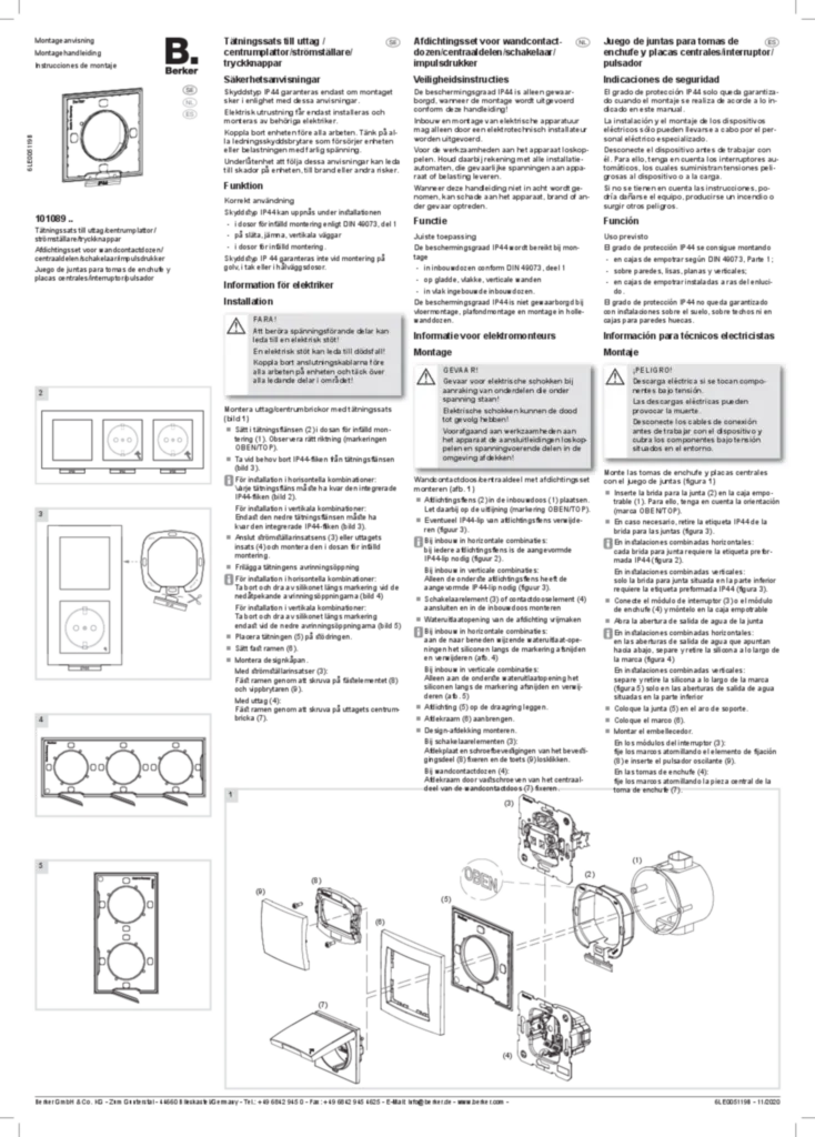 Afbeelding Manual for 101089xx - Sealing set for socket outlets/centre plates/key switches (SV-NL-ES, 2020-11) | Hager Belgium