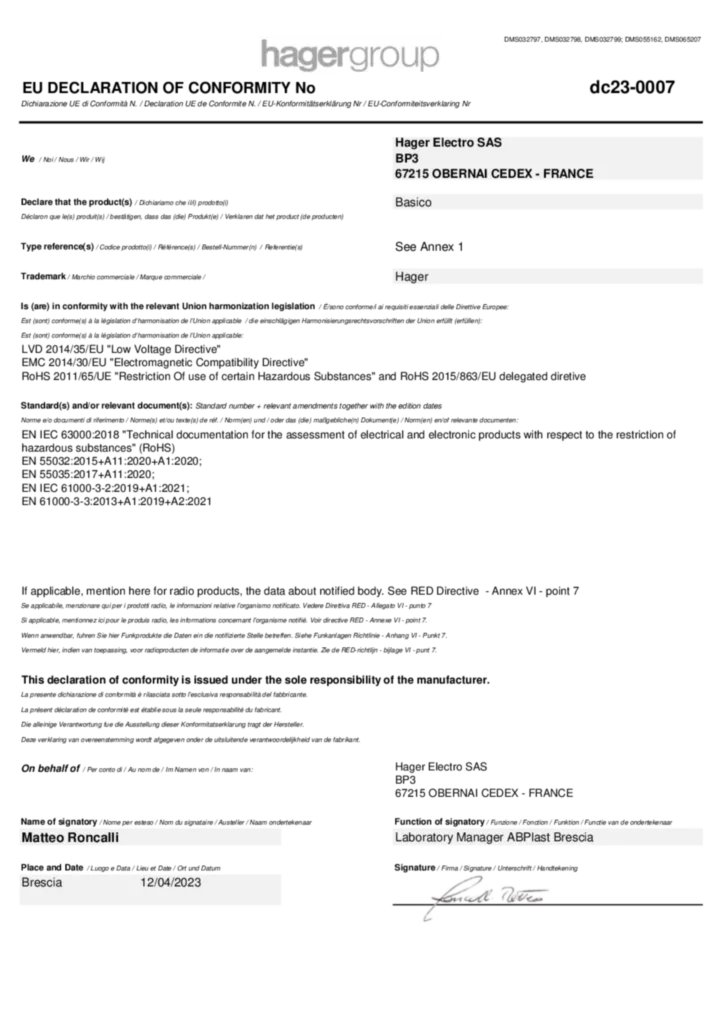 Image Déclaration de conformité International 2023-04-14 | Hager Suisse