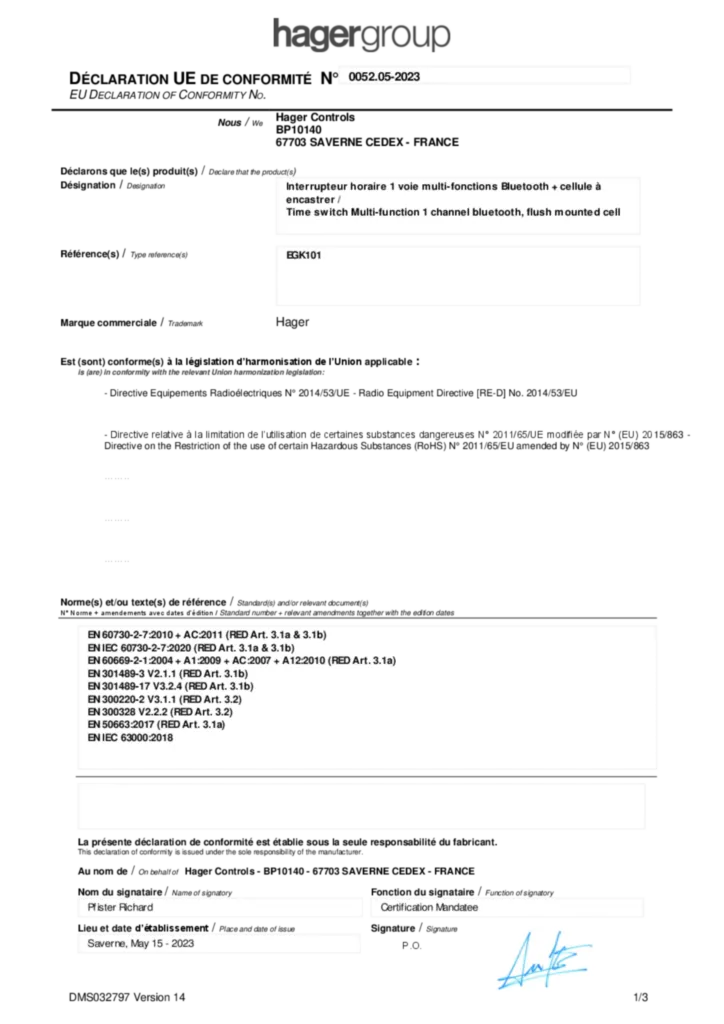 Image Déclaration de conformité International 2023-05-15 | Hager Suisse