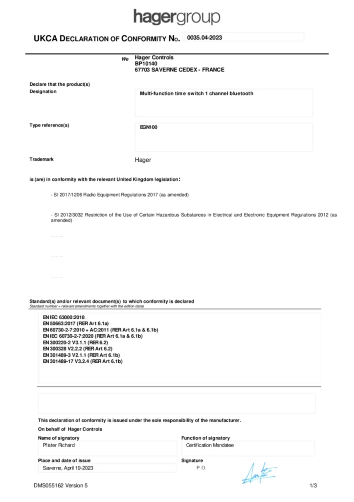 Afbeelding Conformiteitsverklaring International 2023-04-19 | Hager Belgium