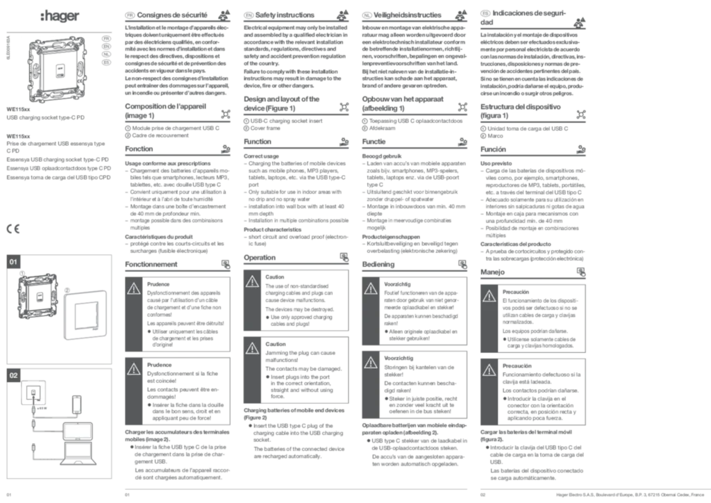 Image Notice d'instruction pour WE115xx - Prise de chargement USB essensya type C PD (EN-FR-NL-ES, 2023-05) | Hager France