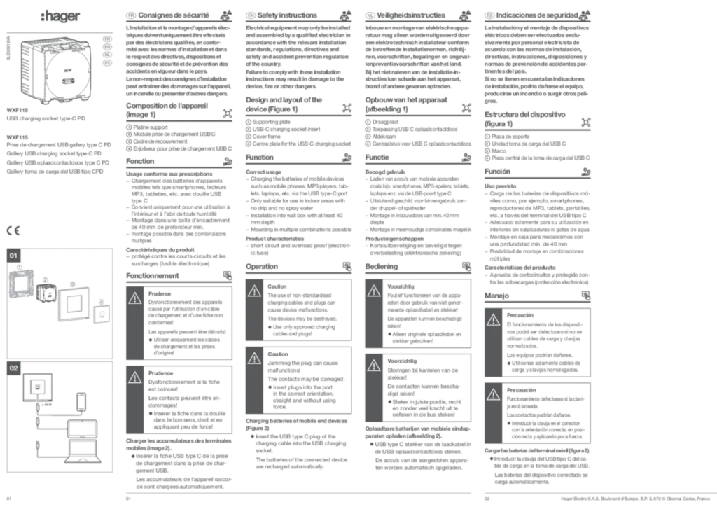 Image Notice d'instruction pour WXF115 - Prise de chargement USB gallery type C PD (EN-FR-NL-ES, 2023-05) | Hager France