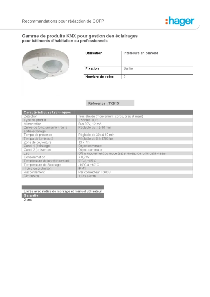 Image Gestion des Eclairages - Fiche Prescription - CCTP | Hager France