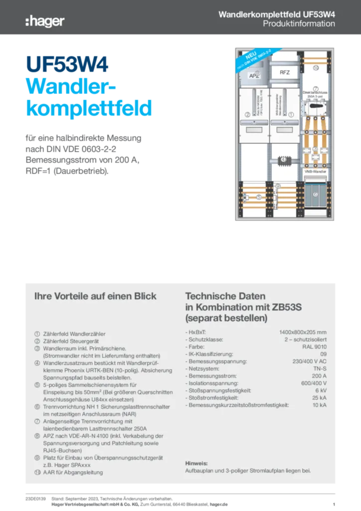 Bild PIN UF53W4 Wandlerkomplettfeld | Hager Deutschland