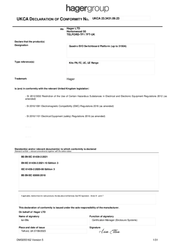 Image Déclaration de conformité International 2023-09-26 | Hager Suisse